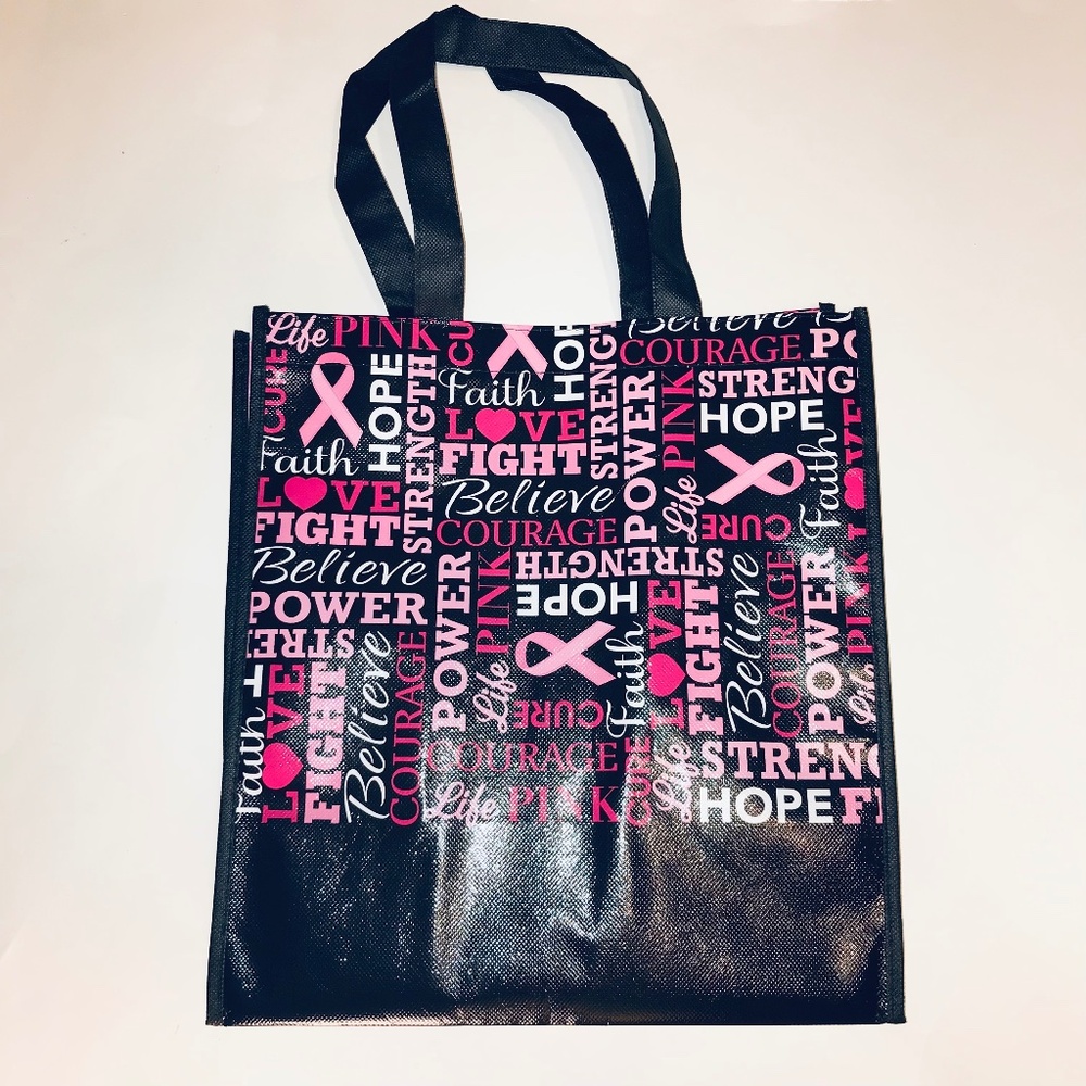 NWOT Breast Cancer Awareness Tote Bag Black Pink Courage Believe Flat Bottom